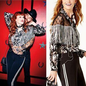 Anna Sui X INC Western Shirt Blouse Silk Blend Lace Yoke Fringed Floral Boho L